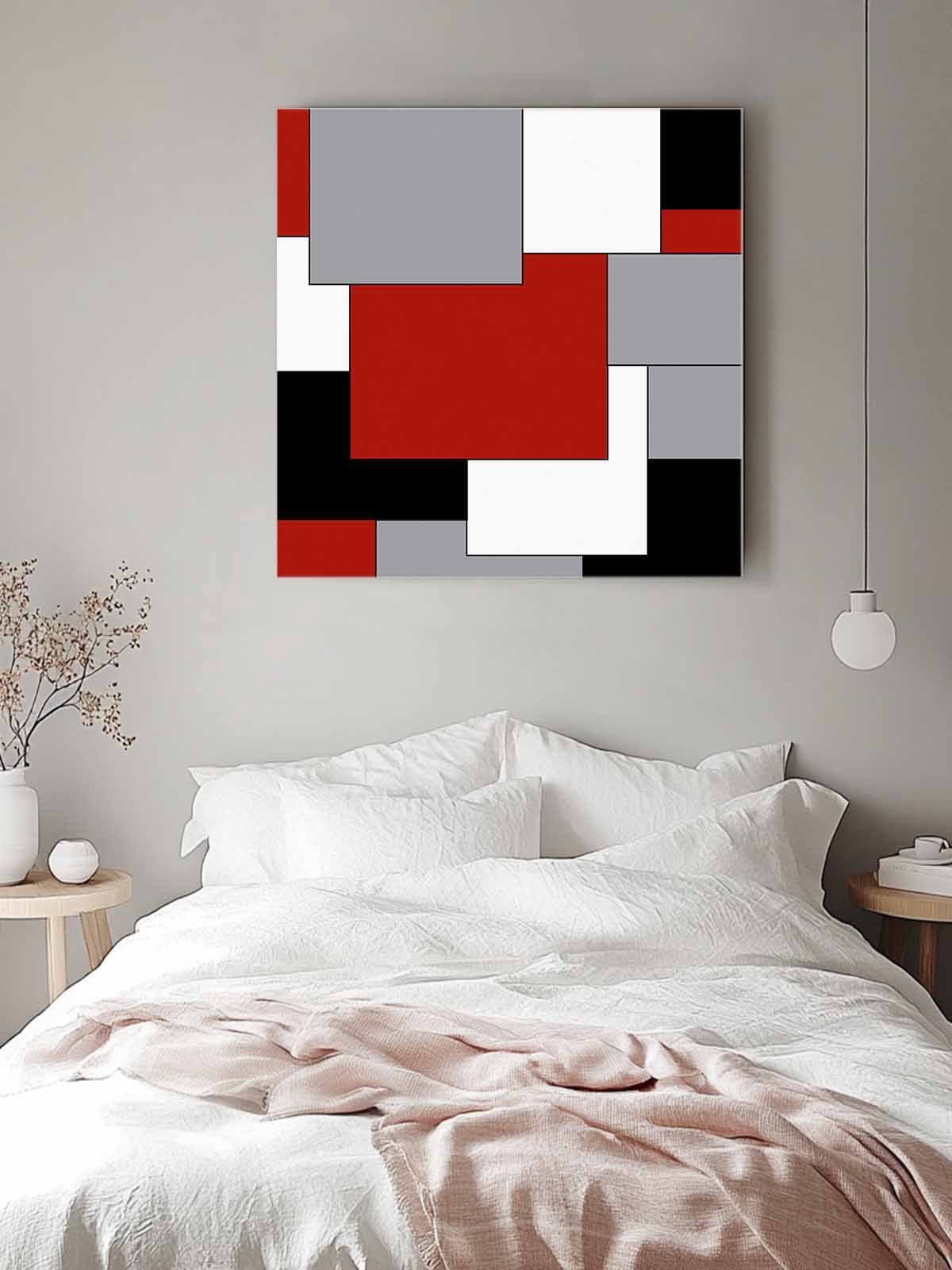 Abstract Art Canvas Wall Art, Patchwork Red Black and Grey Framed Wall Decor Modern Artwork Prints Painting for Living Room, Bedroom, Kitchen & Cafe Decor 16x16 Inch