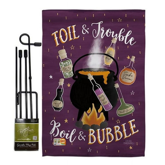 Breeze Decor BD-HO-GS-112080-IP-BO-D-US18-WA 13 x 18.5 in. Toil & Trouble Fall Halloween Vertical Double Sided Mini Garden Flag Set with Banner Pole