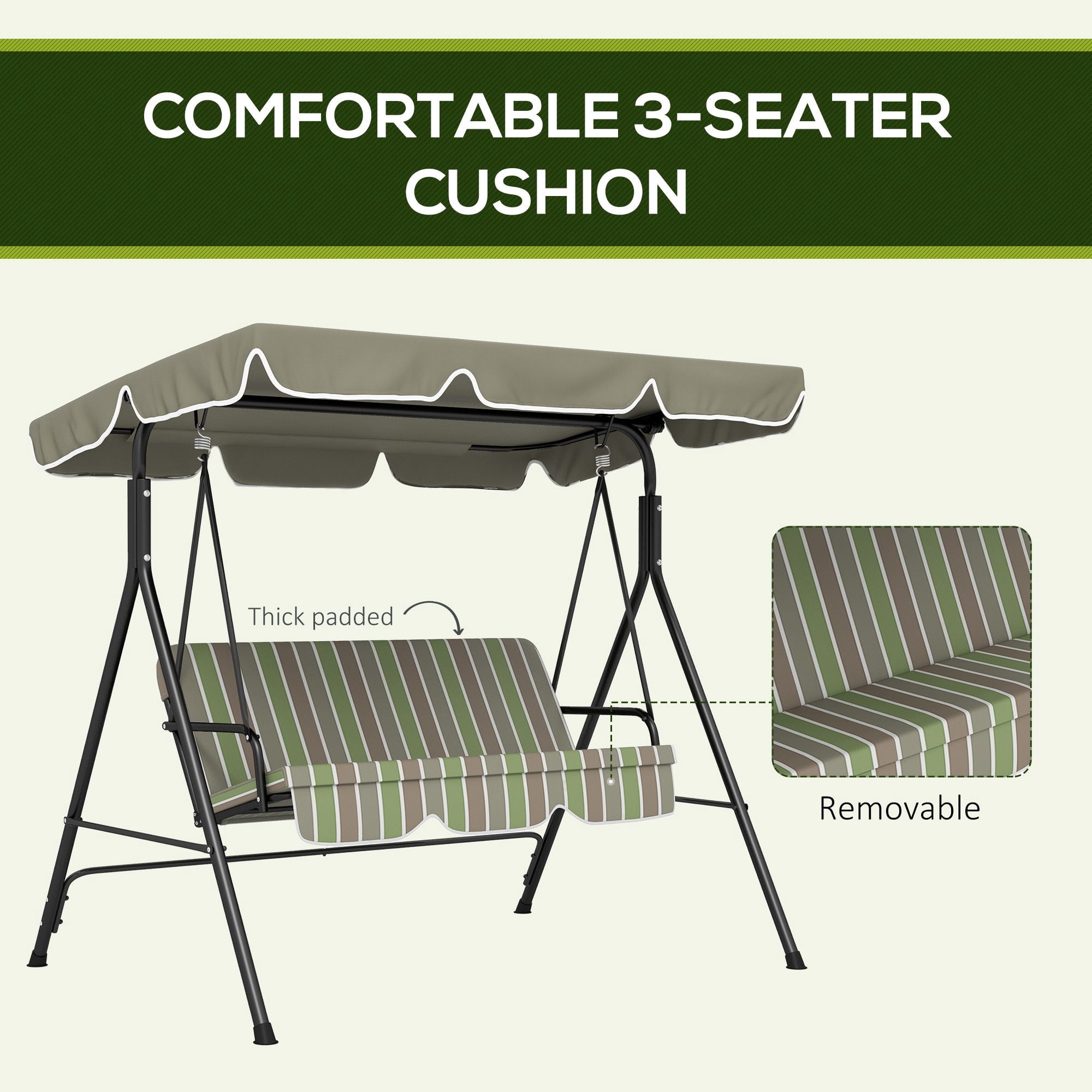 3 Person Outdoor Porch Swing with Stand & Adjustable Tilt Canopy, Cushioned Patio Swing Bench Heavy Duty A-Frame Steel Supports 594lbs for Backyard Poolside Balcony