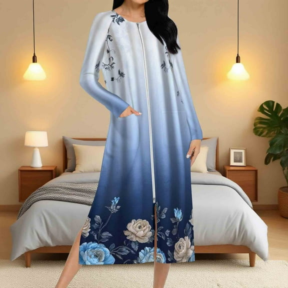 Aboser Zipper Robes for Women Long Sleeve Raglans Housecoat Retro Floral Printed Sleepwear Comfy Zip Up Bathrobe Soft Casual Long Loungewear with Pockets
