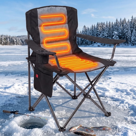 Mteryoing Heated Camping Chair for Adults with Cup Holder and Storage Pockets, USB-Powered Portable Folding Camp Chair with Padded Backrest and 600D Oxford Fabric, Gray and Black