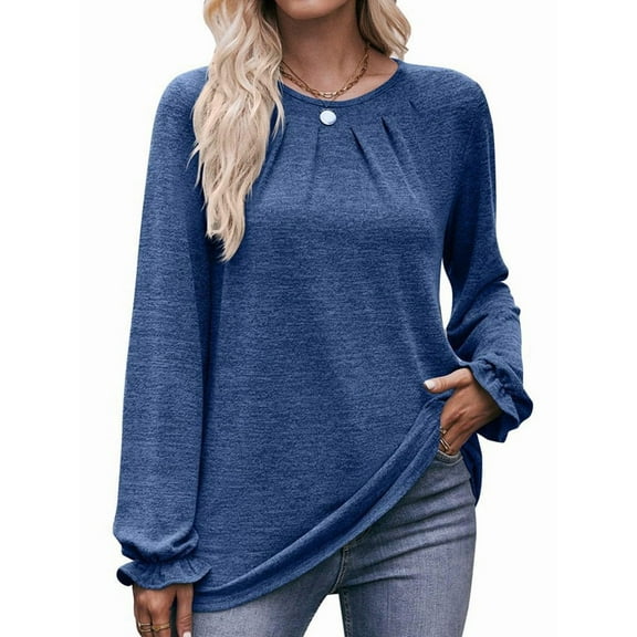 Long Sleeve Shirts for Women 2025 Fashion Fall Dressy Casual Blouses Pleated Crewneck Tunic Tops Royal Blue S