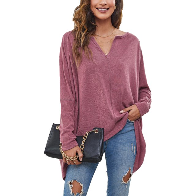 Mujeres sueltas Top V cuello largo Batwing mangas patrón llano Casual mujeres Jersey camisa rosa rojo S