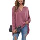 thumbnail image 1 of Top holgado con cuello en V y mangas largas de murciélago para mujer, jersey informal con estampado liso, camisa rosa roja XXL, 1 of 6