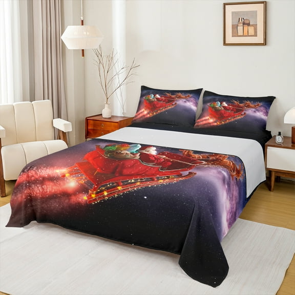 Castle Fairy Cute Santa Claus Deer 3Pcs Twin Sheet Sets for Teens Girls Boys,Merry Christmas Twin Fitted Sheet,Happy New Year Breathable Flat Sheet,Ultra Soft Home Decor