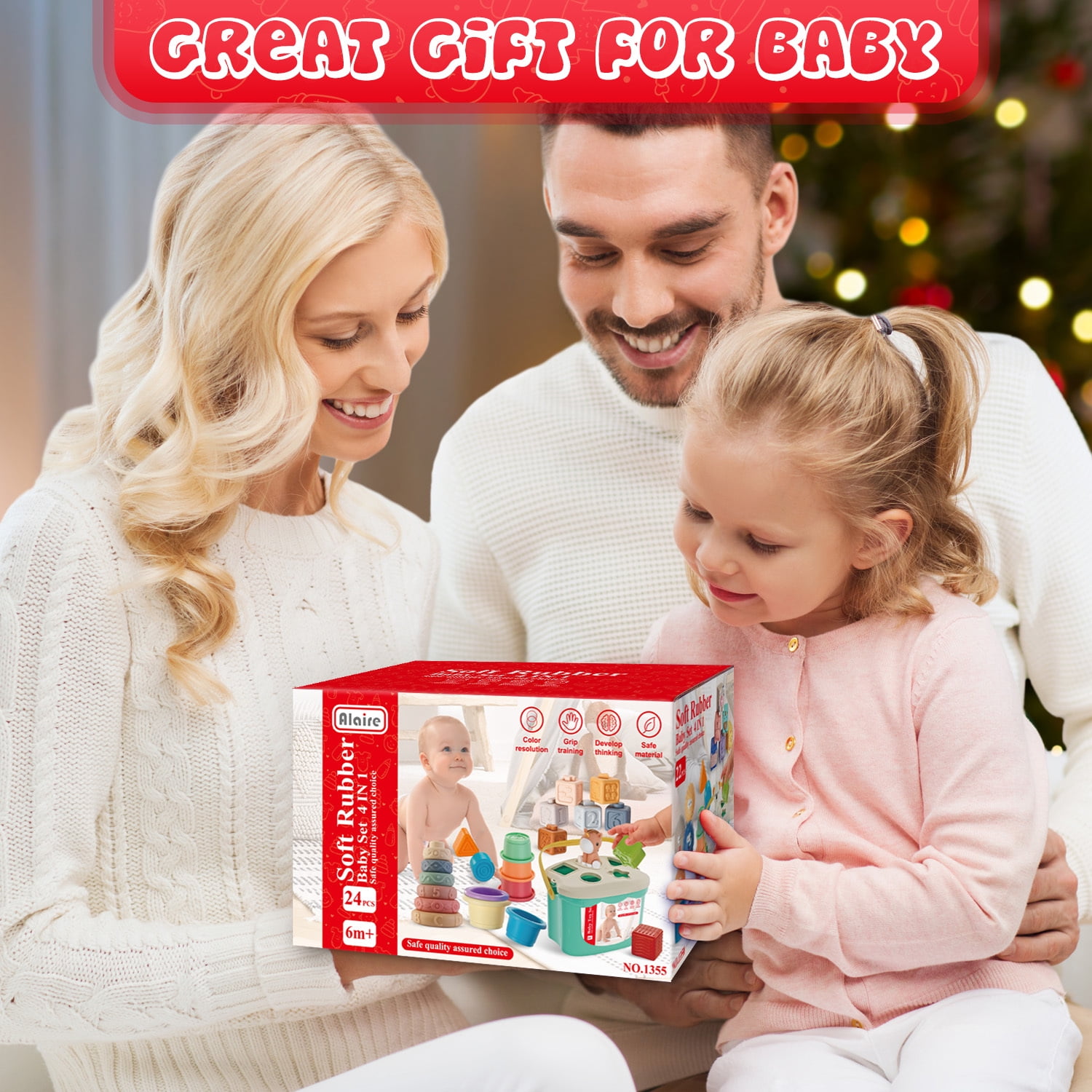 UQN Montessori Toys for 1 Year Old, 4 In 1 Baby Blocks Toys 6-12 Months, Soft Baby Teething Toys, Learning Gifts for Baby Girls Boys, Birthday Chrismas Gift