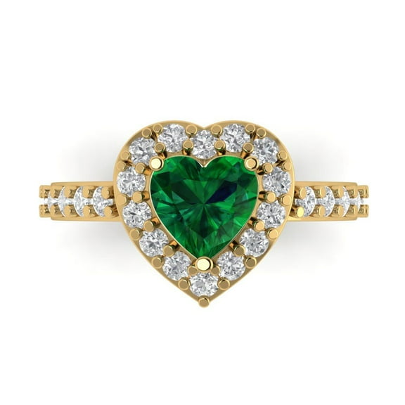 2.03 ctw with Simulated Diamond Halo Accents Anniversary Ring for Women | Heart Cut Simulated Emerald | Hyperallergenic Solid 14K Yellow Gold