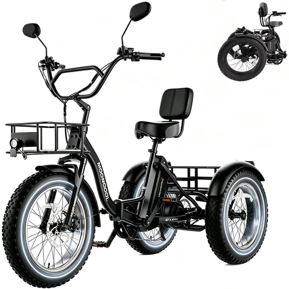 MOONCOOL FT1 Folding Electric Tricycle for Adults,48V 500W Helical Motor w/ 1092W peak power, 14.5AH UL2849 (By SGS) Removable Battery,20" x 4.0" Fat Tire,60-Mile, 15.5 MPH, 7-Speed,Class 2