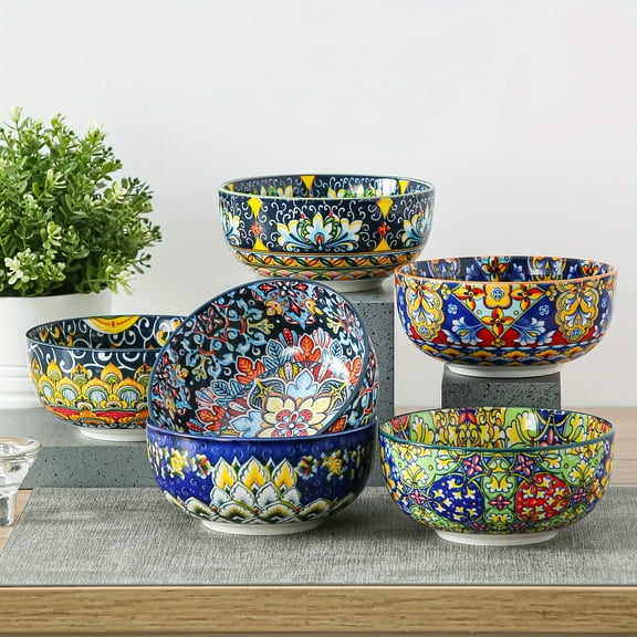 26oz Bohemian Style Bowls Set of 6 - Colorful Boho Dinnerware for Cereal, Soup, Salad, Pasta & Desserts