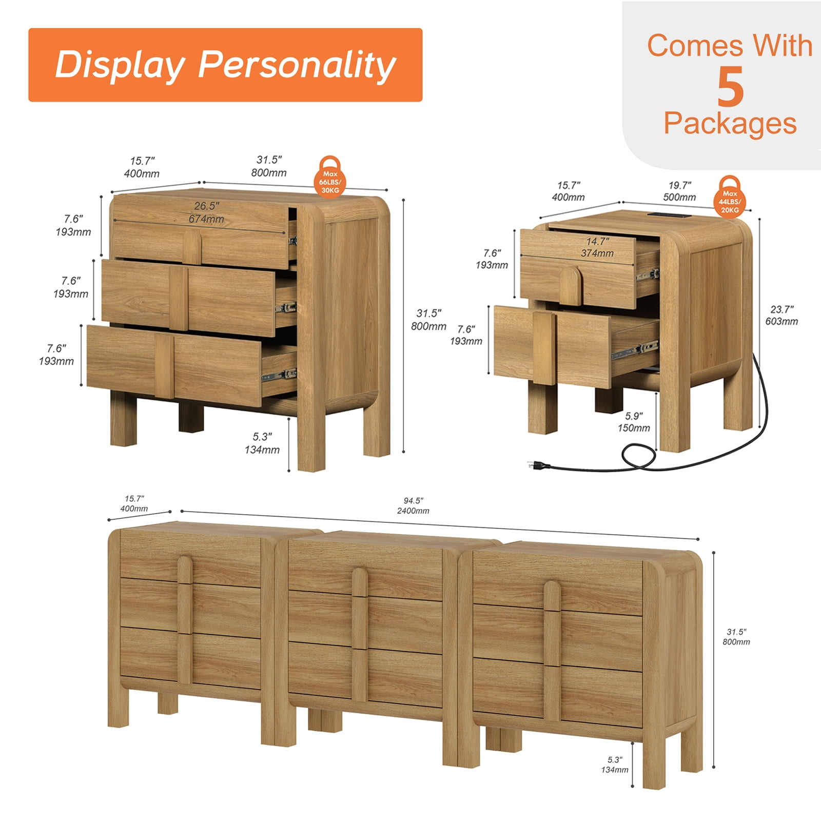 9 Drawer Dresser and Nightstand Sets for Bedroom, 5 Pcs Bedroom Set，Night Stand Set of 2, 9 Drawer Dresser with Curved Profile Design, Wood Chest of Drawers Mid Century Storage Cabinet Set