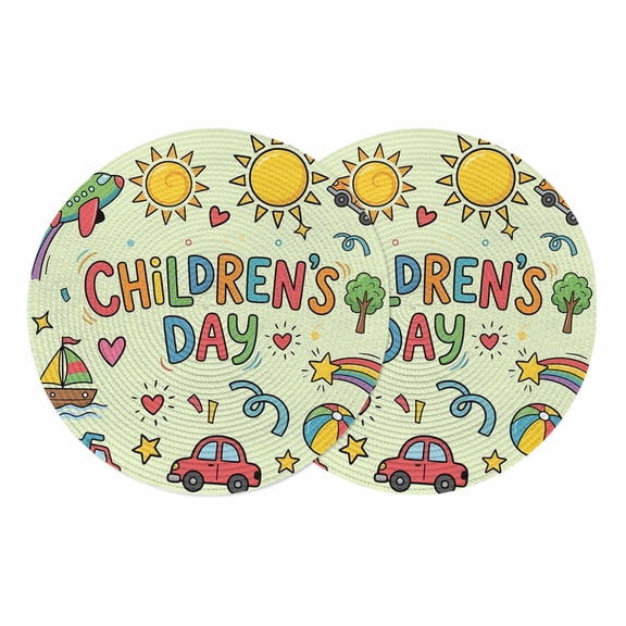 Sage Green Children's Day Round 13 Inch Placemats Set of 2, Car Tree Stars Modern Abstract Art HeatResistant Non Slip Place Mats for Dining Table, Wipeable Braided Kitchen Table Mats for Housewarming