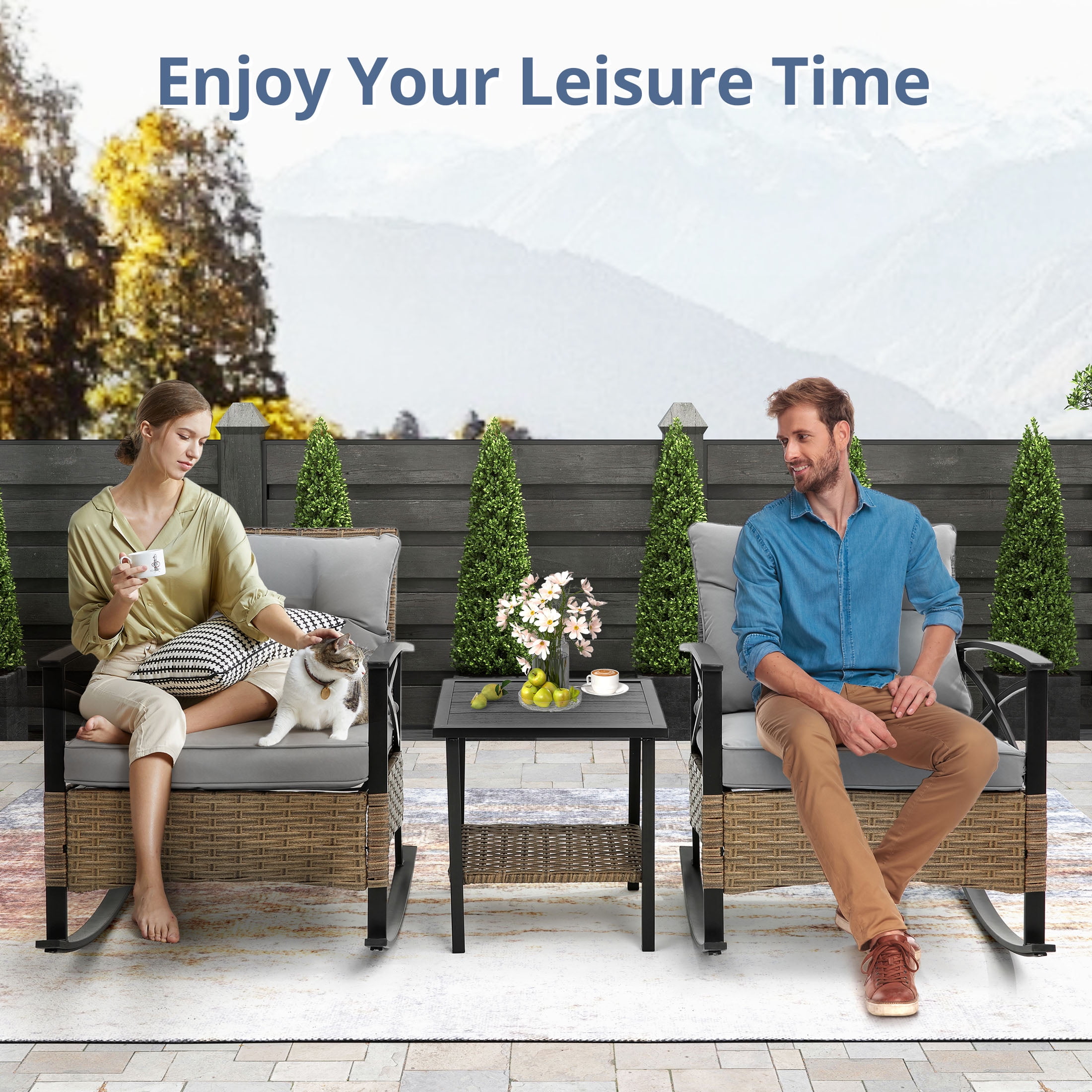 Enyopro 3-Piece Patio Furniture Set, Outdoor Wicker Conversation Set with Coffee Table, All-Weather Rattan Chairs & Cushions, Modern Patio Seating for Garden, Balcony, or Backyard, Gray