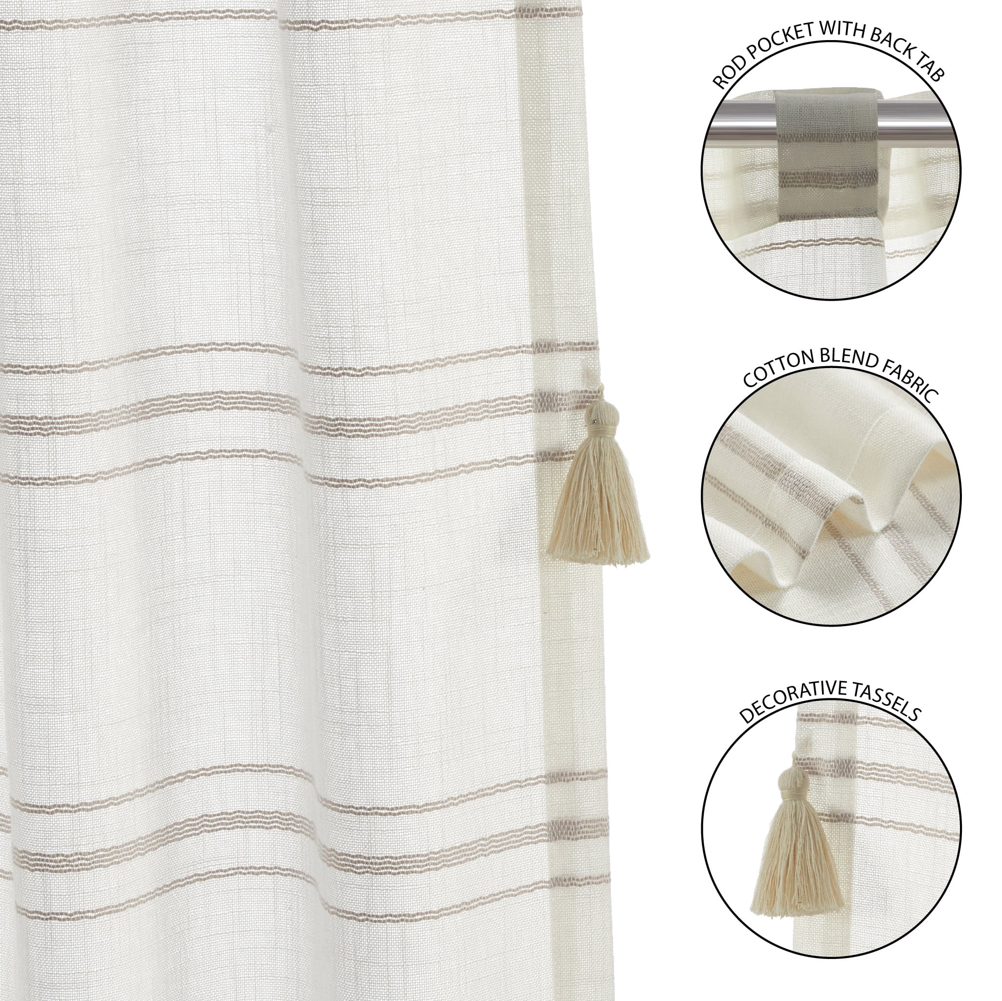 Better Homes & Gardens Polyester-Cotton Light Filtering Stripe Tassels Curtain Panel, 1-Piece, Beige, 50" W x 95" L