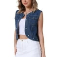 thumbnail image 4 of INSPIRE CHIC Women's Cropped Denim Cardigan Sleeveless Decor Pearl Jean Jacket Shrug S Blue, 4 of 5
