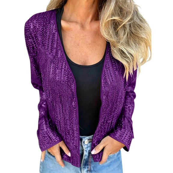 QQZ Regular Fit Open Front Sequin Cardigan For Women, Long Sleeve Lightweight Cardigan Sweaters For Women, Fall Outfits For Travel Business Casual Party Daily Wear