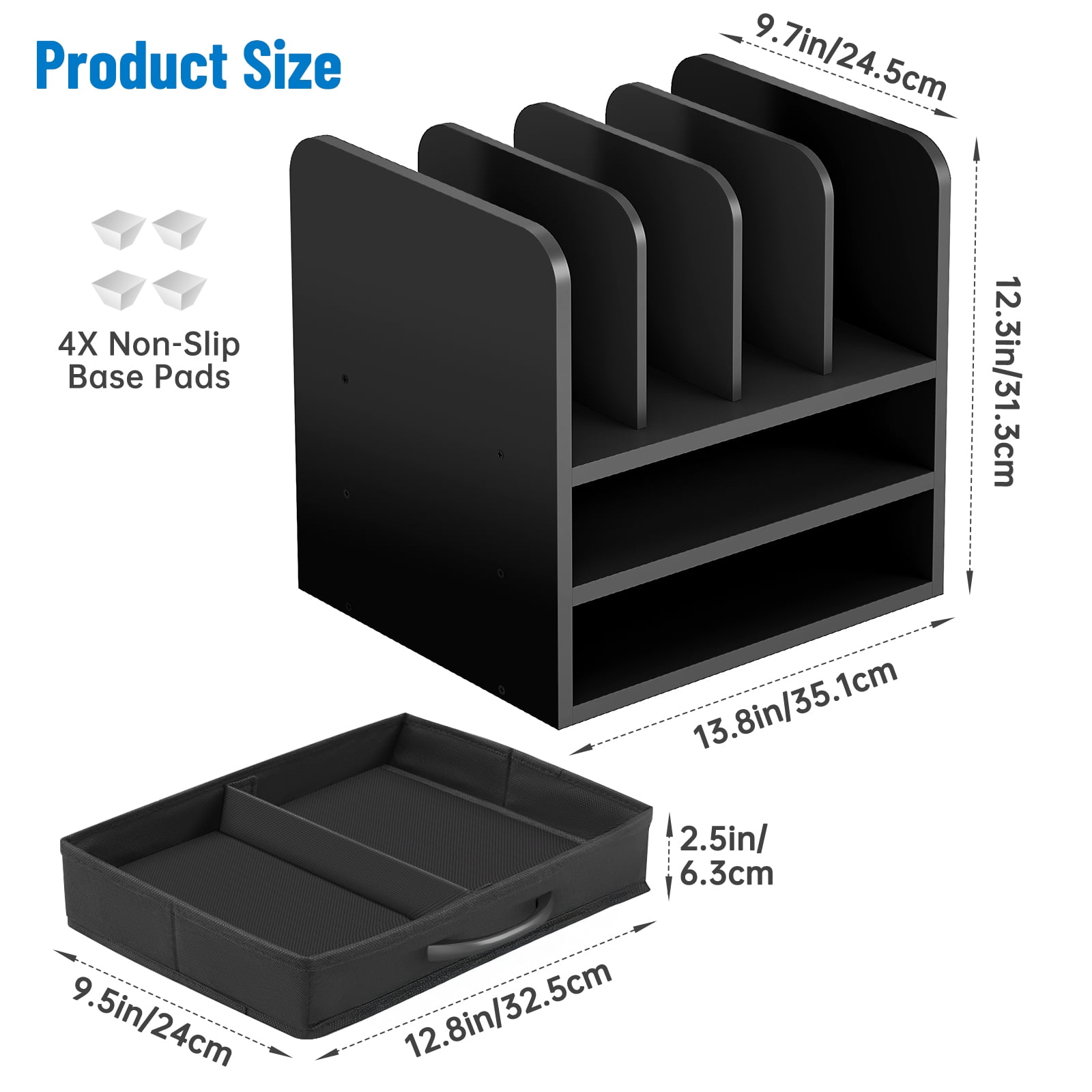 Desk File Organizer for Home, Office, School, Wooden Frame Desktop Storage Solution for Office Supplies, Documents, Papers, Folders and Stationery, Space-Saving and Stylish Document Sorter