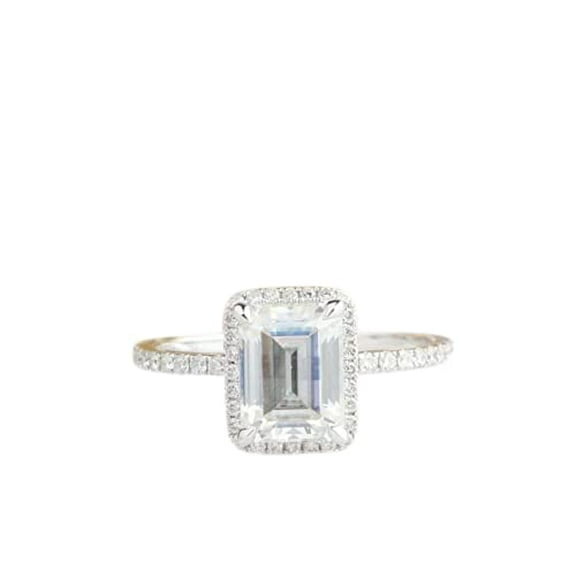 HeartsAndYou 1.5ct Emerald Cut Moissanite Engagement Ring for Women Round Accent Halo 18k White Gold Over Silver