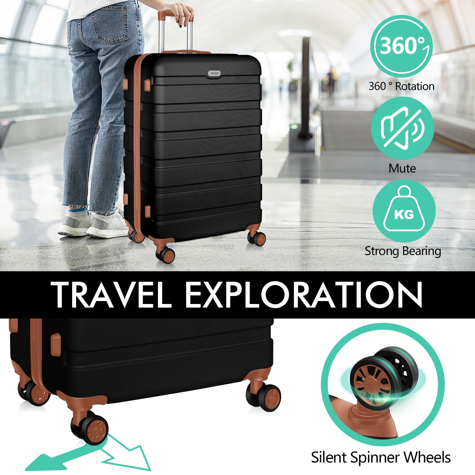 Luggage PC ABS Lightweight Suitcase with Wheels TSA Lock Hardshell Checked-Large Luggage 28 inch BlackBrown