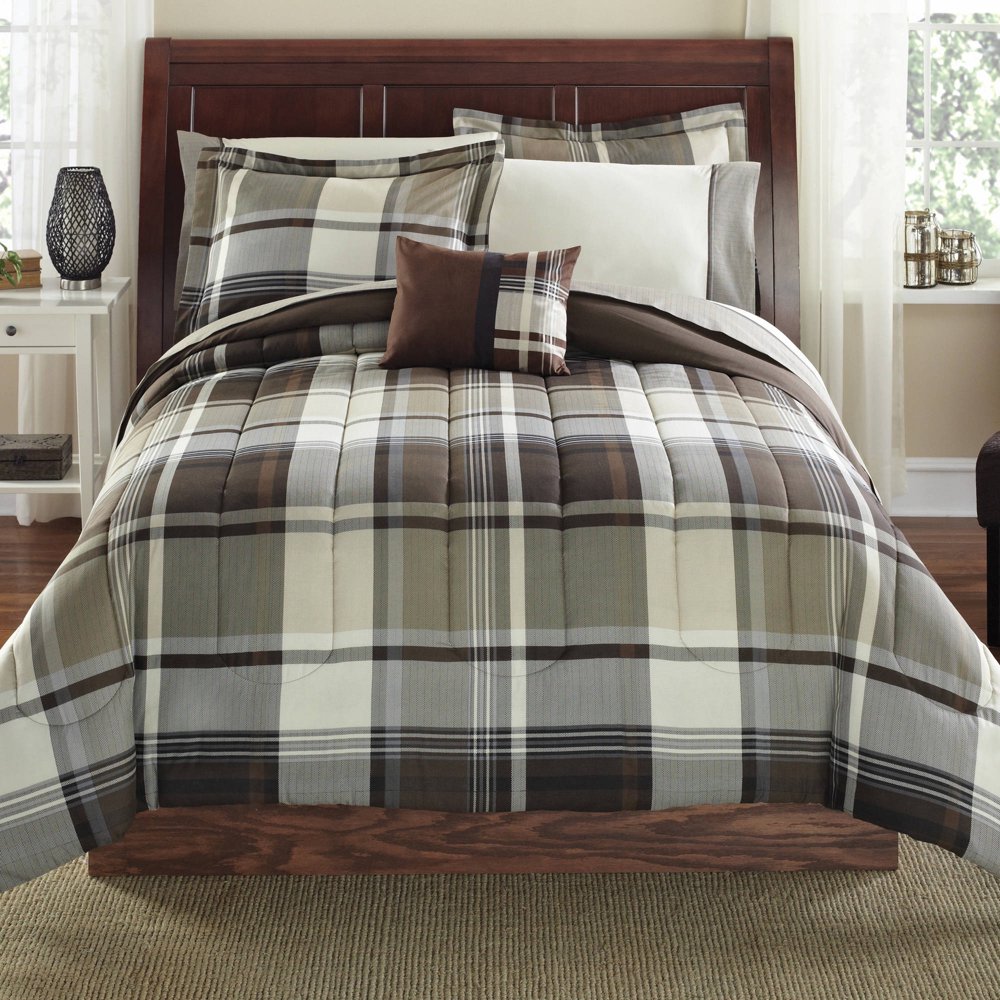 Mainstays BedinaBag Bedding Comforter Set, Brown Plaid, Multiple