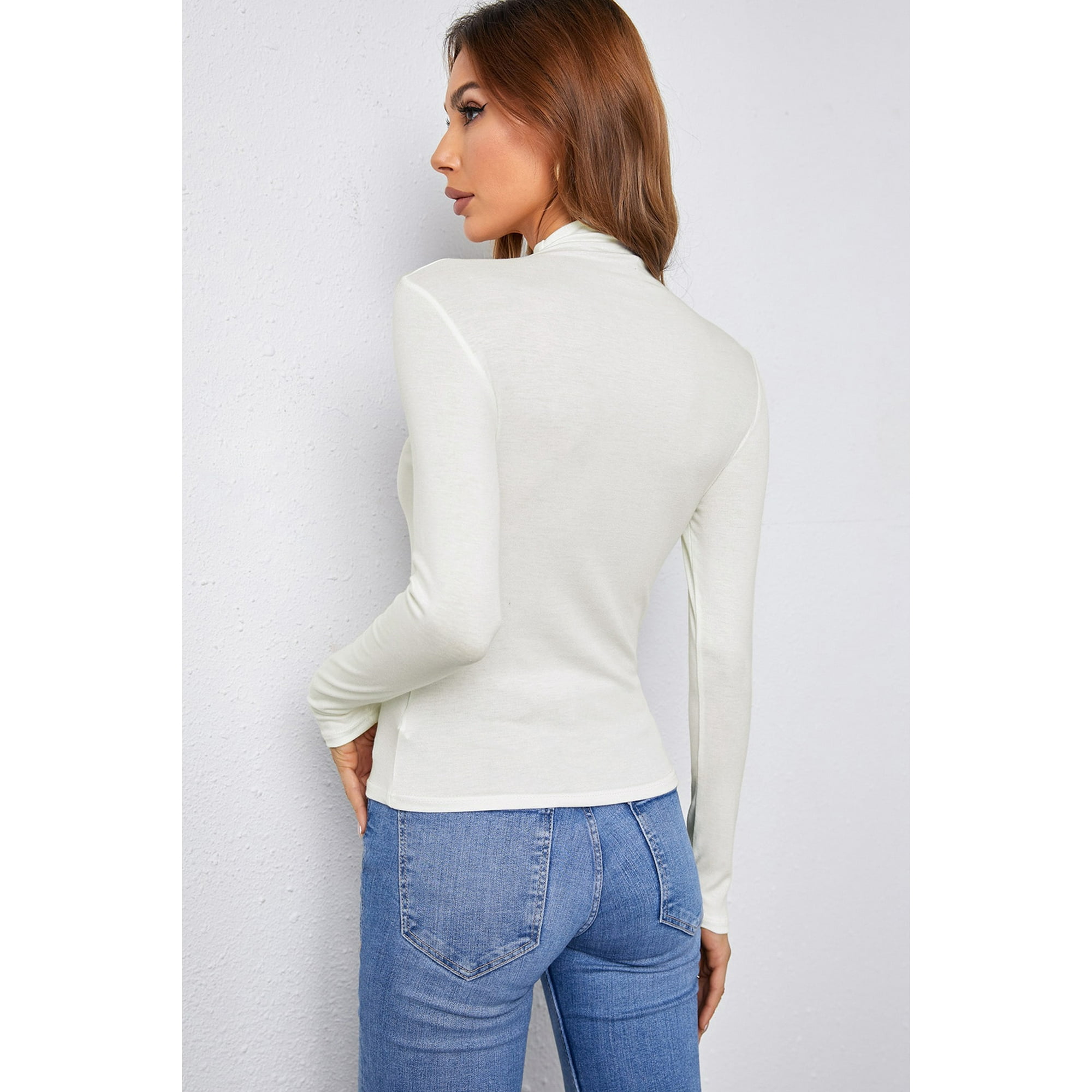 Poglip Women s White Mock Neck Long Sleeve Stretchy Basic Top