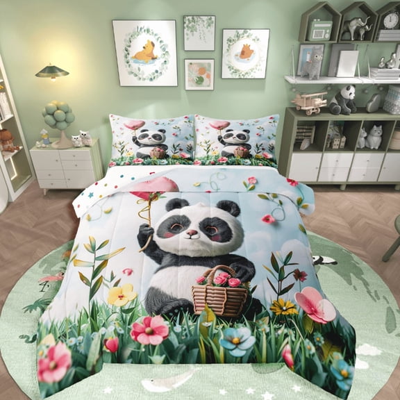 Castle Fairy Floral Panda 2pcs Bedding Comforter Set,Cartoon Animal Twin Comforter Sets,Love Heart Print Breathable Bedding Set,Ultra Soft Wildlife Home Decor,Reversible