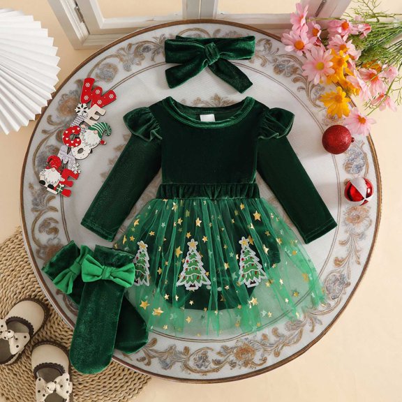 YWIYIUD Toddler Baby Girl Christmas Sets InfantRuffle Long Sleeve Layered Tutu Romper Dress with Socks Headband Holiday Party Princess Dresses Fall Winter Clothes My First Christmas Outfit 6-9 Months