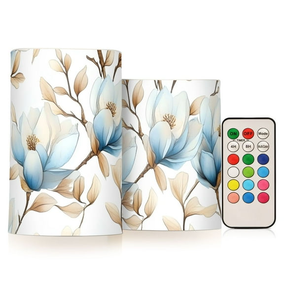 Beautiful Blue Magnolias Flickering Flameless Candles Battery Operated with Remote Timer LED Pillar Candles Set of 2