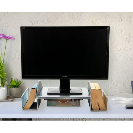 Mind Reader - Mesh Monitor Stand, Wire Screen Riser with Side Storage File Pockets - Silver