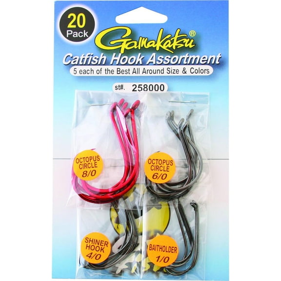 Gamakatsu Catfish Hooks Sizes 1/0, 4/0, 6/0, and 8/0, Assorted Colors, per 20