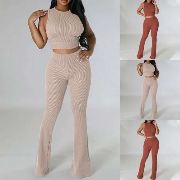 Feancey Lounge Sets for Women 2 Piece Casual Y2K Outfits Ribbed Sleeveless Cropped Tank Top Slim Flare Pants Set Brown M