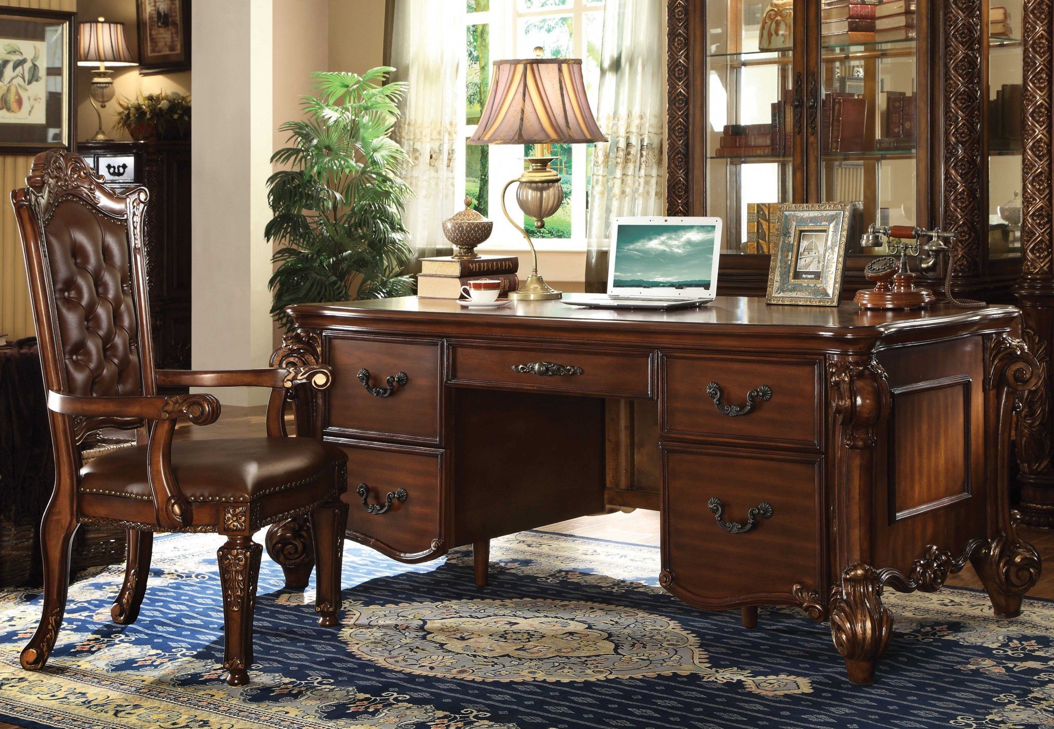 HomeRoots 348663 37 x 74 x 31 in. Cherry Wood Poly Resin Executive Desk