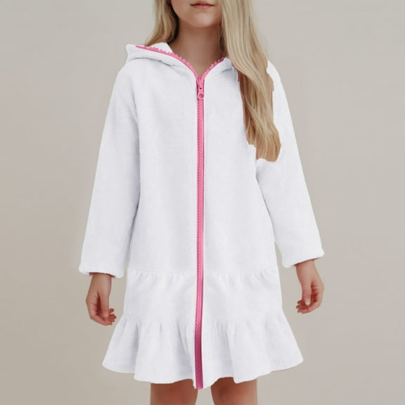 Girls Rash Guard Bathing Suit Girls Terry Cloth Swim Cover Up Zip Up Hooded Bathing Suit Coverup Wraps Rufled Puff Sleeve Pool Beach Robe Cover-Up