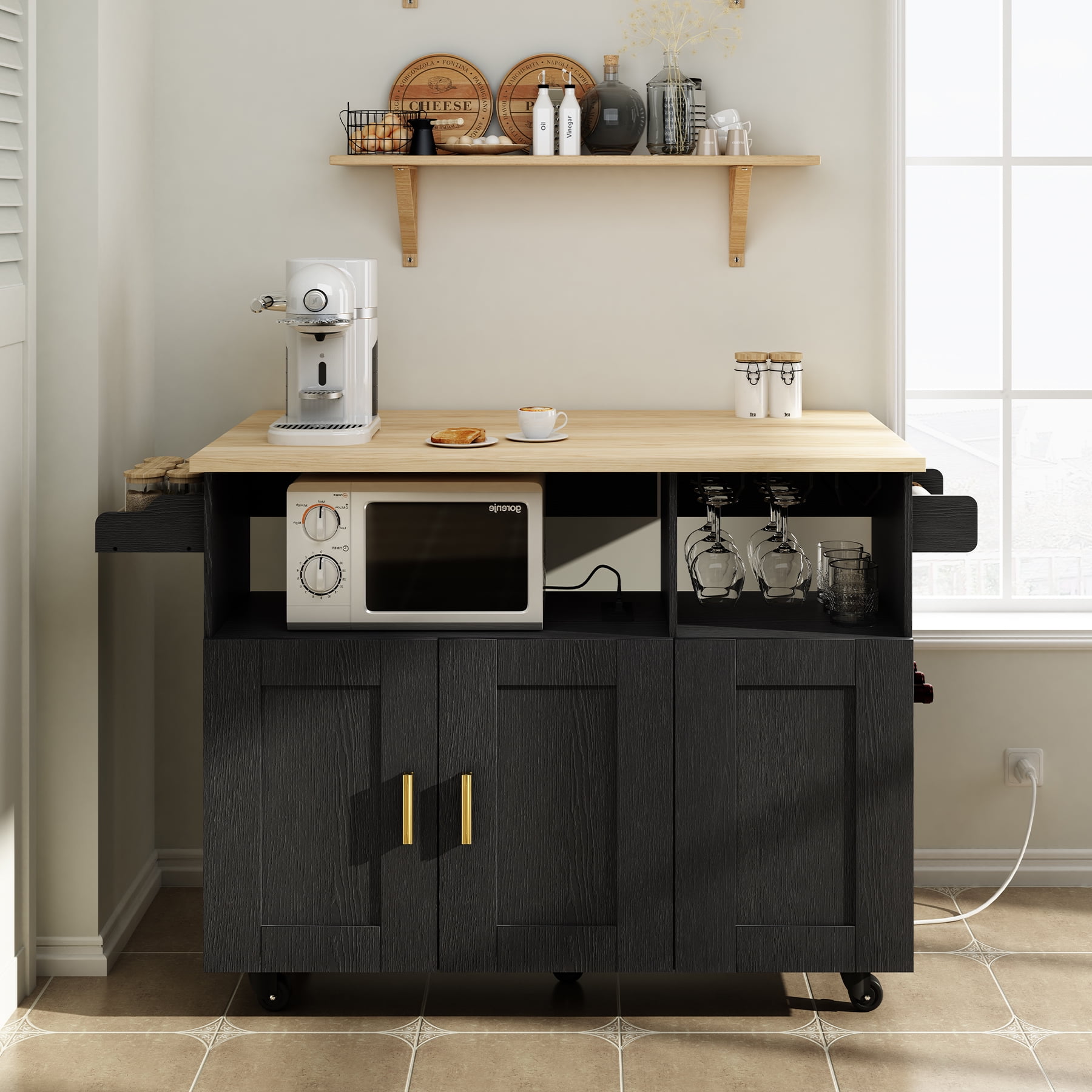 ZOPEND Rolling Mobile Kitchen Island Cart Bar with Desktop Drop Leaf Countertop, Island Cart with 5 Wheels, Power Socket and Towel Rack，Black