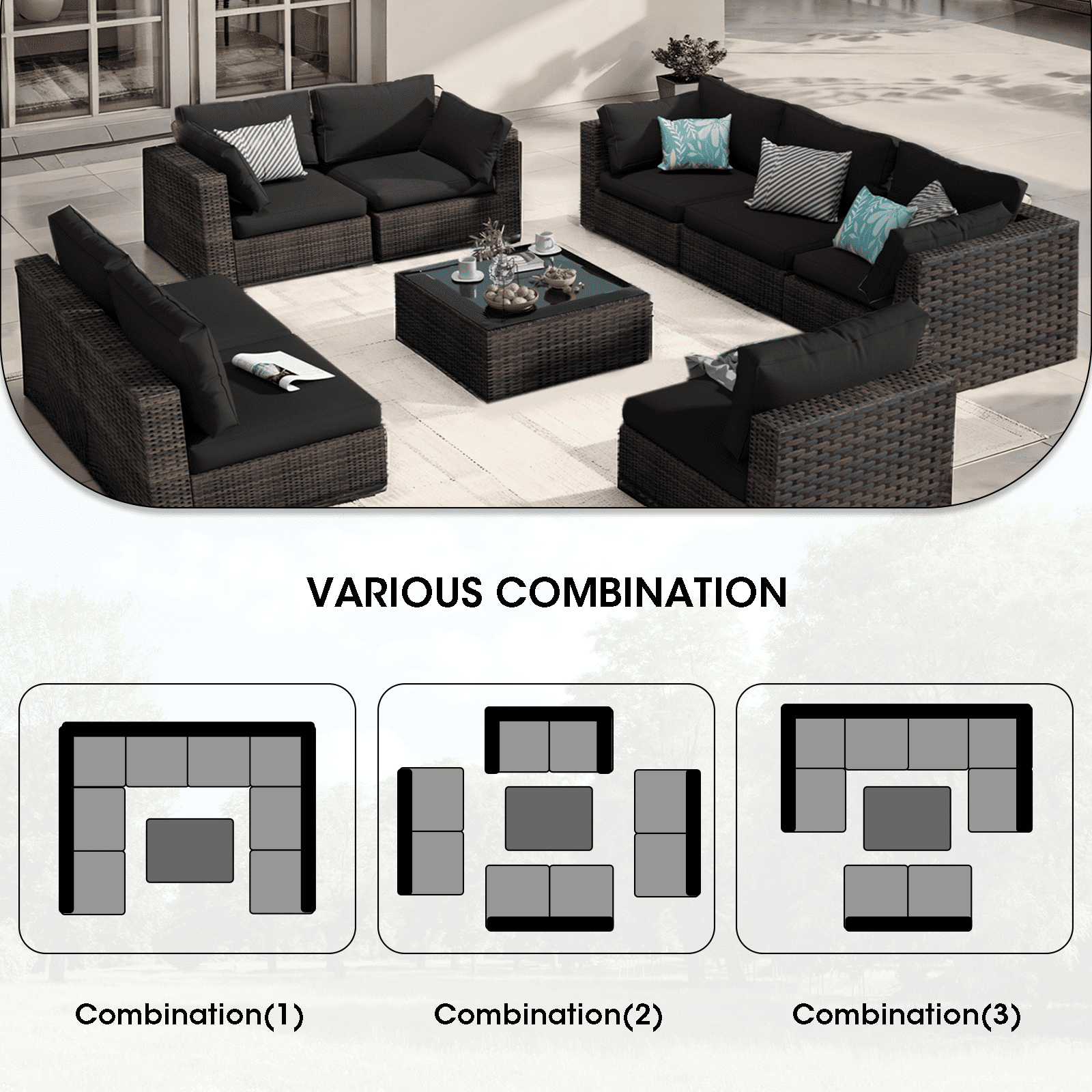 Grezone 9 Pieces Outdoor Patio Furniture, PE Wicker Rattan Sectional Sofa Patio Conversation Sets