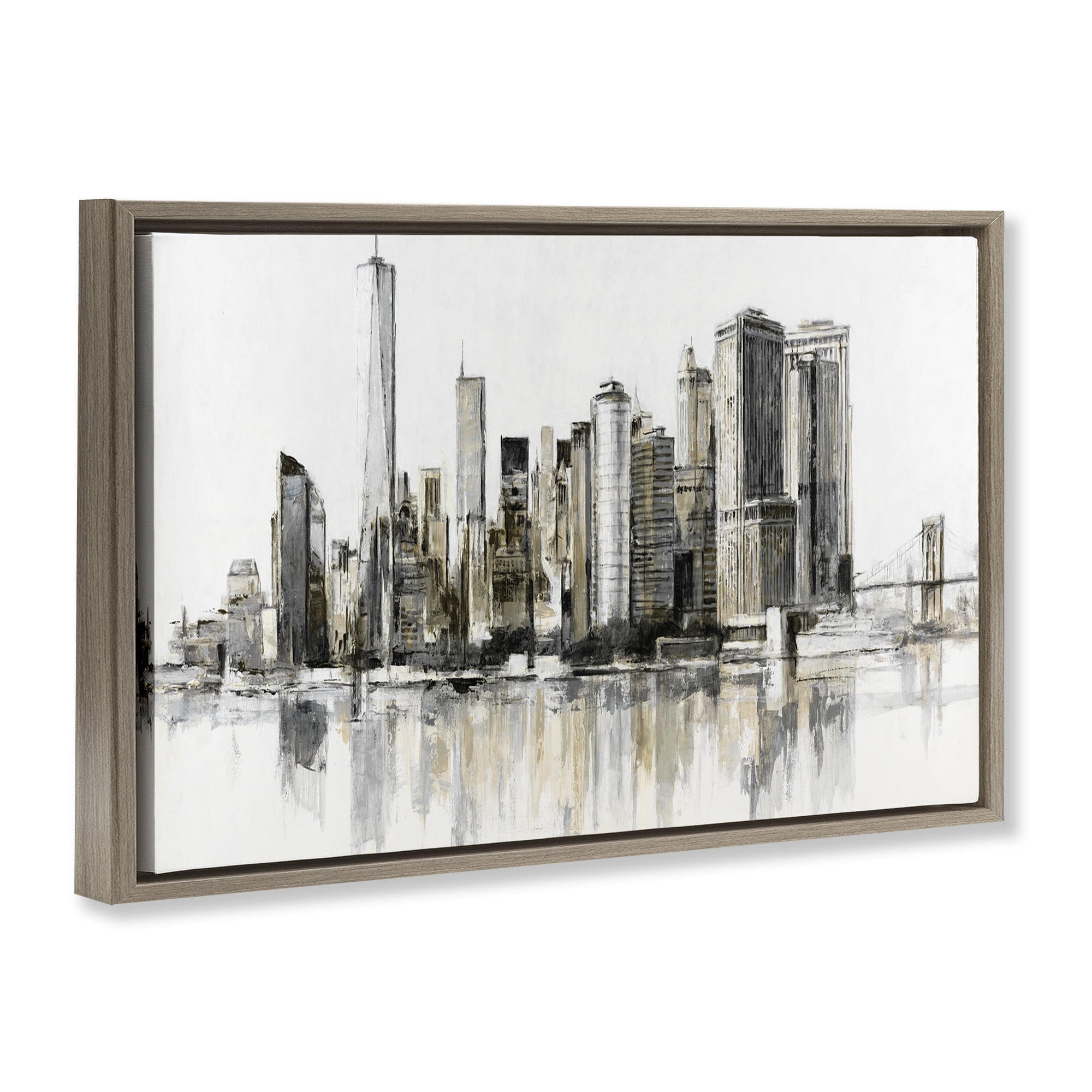 Stupell Industries Urban Skyline Reflection Brown Framed Floater Canvas Wall Art, design by Lorenzo Collective