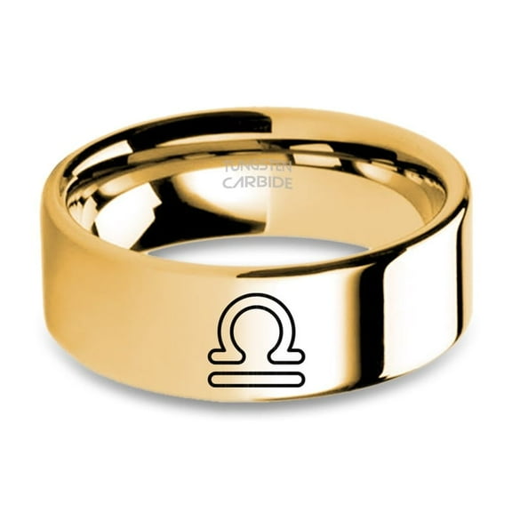 Libra Astrological Sign Scales Engraved Yellow Gold Tungsten Ring, 8mm, Size 15