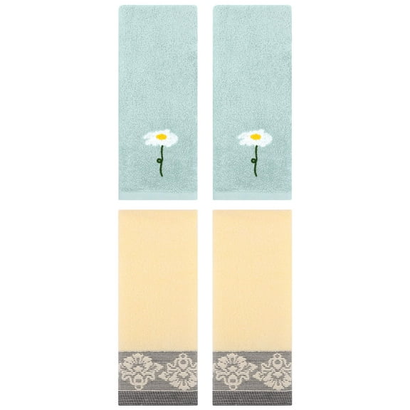 Unique Bargains 4 Pcs Absorbent Floral Hand Towels Blue/Yellow 13" x 30"/13" x 29"