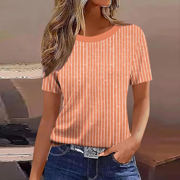 DPTALR Women's Summer Slim Fit Casual Fashion Print T-Shirt, Round Neck Short Sleeve Top,Orange,Size XL