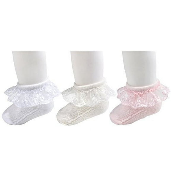 Epeius Baby-Girls Eyelet Frilly Lace Socks Cotton Rich Infant Girl Princess Ankle Socks White/Beige/Pink (Pack of 3) 6-12 Months