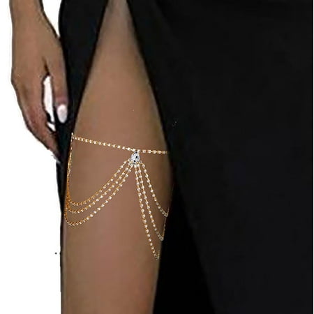 Sexy Thigh Chain Rhinestone Leg Chain Jewelry Elastic Leg Chain Bikini Body  Jewelry Party Festival for Women and Girl (A-gold) 