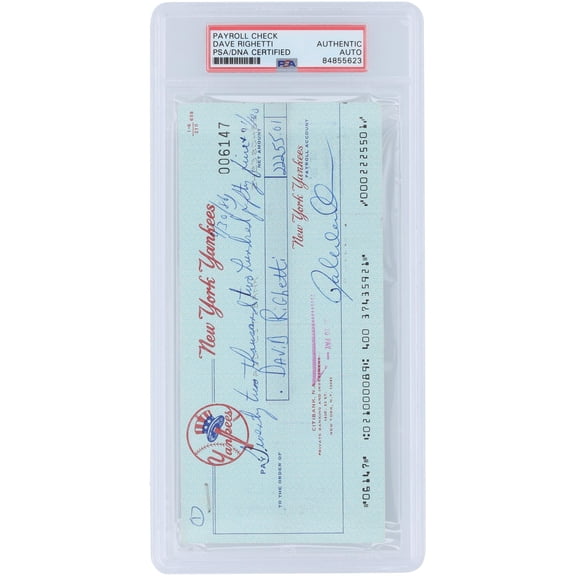 Dave Righetti New York Yankees Autographed Check from September 30, 1986 - PSA 84855623 - Fanatics Authentic Certified