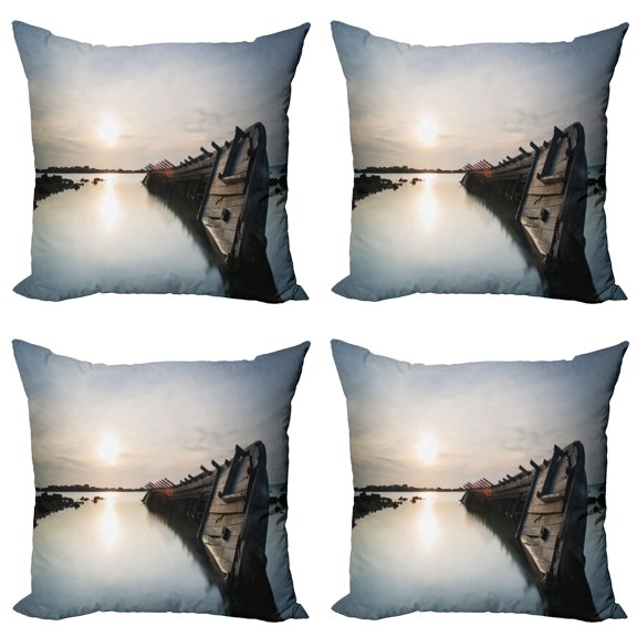 Ambesonne Nautical Throw Pillow Cover 4 Pack, Sinking Boat Sunset, 16", Pale Blue Brown