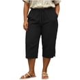 thumbnail image 5 of Women's Plus Size Casual Solid Lace Trim Drawstring 3/4 Pants, Cotton Linen Blend Summer Capris, Soft Elastic Waist Side Pockets, Lightweight Breathable for Work Walking | TruHer,Black XL, 5 of 6