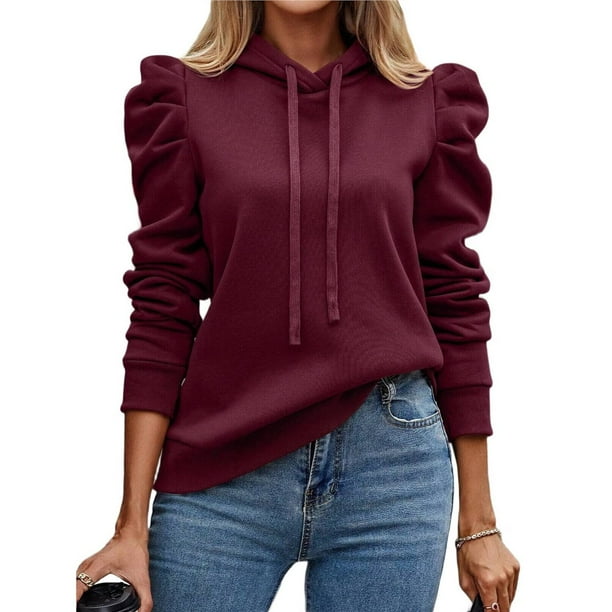 Sudadera con Capucha de Larga Abullonada y Cordón Ajustable para Mujer, Estilo Informal, para Otoño e Invierno Rojo L