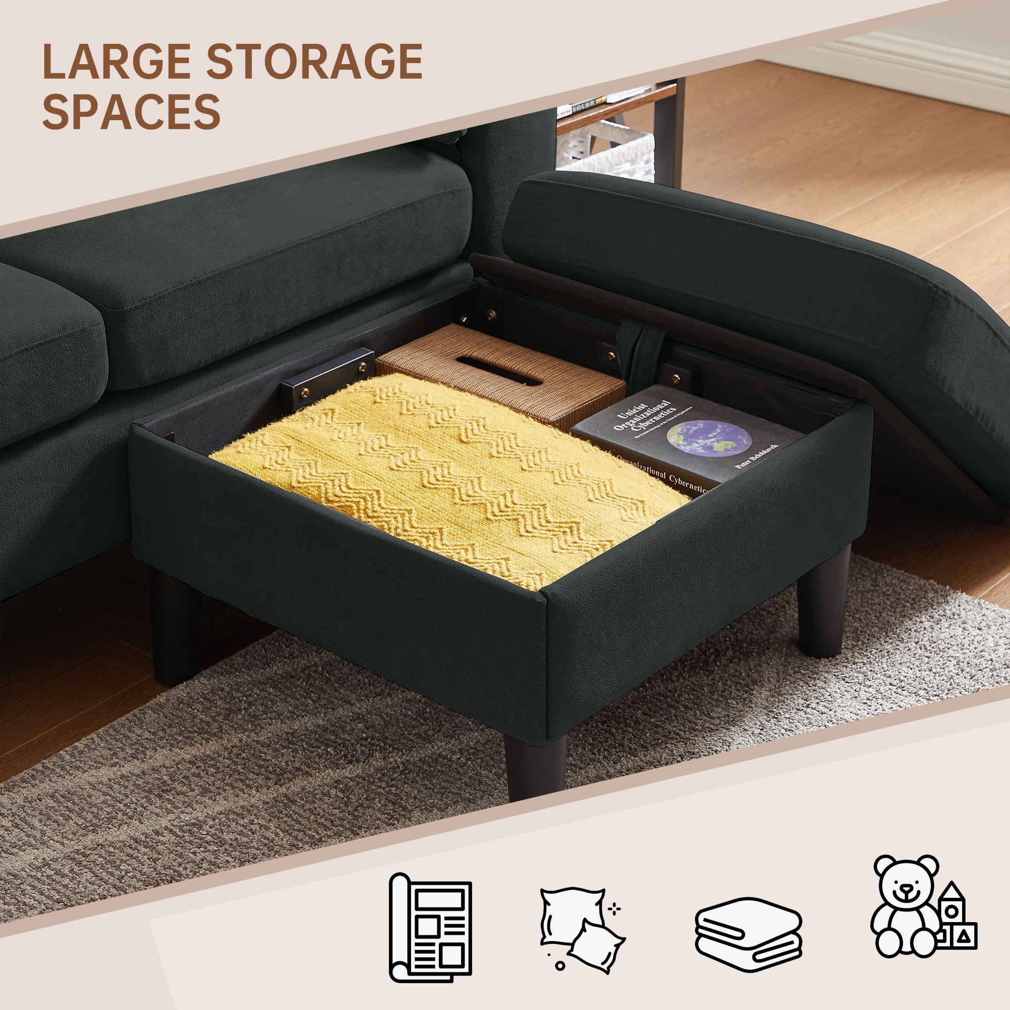Pingliang Home 80" Sectional Sofa Couch,L Shaped 3 Seat with Reversible Storage Ottoman and Side Pockets, Modern Polyester Fabric Sofa Couches for Living Room Apartment Office Studio Small Space