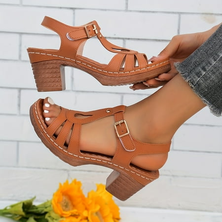 

Chic Womens Solid Color Sandals - T-Strap High Heels for Summer - Comfortable Non-Slip Chunky Heels Perfect for Casual Everyday Style