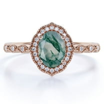 JeenMata 1.75 Carat 4 Prong Halo Oval Cut Milky White Dendritic Moss Green Agate And Moissanite Milgrain Filigree Antique Design Engagement Ring In 18K Rose Gold Plating Over Silver