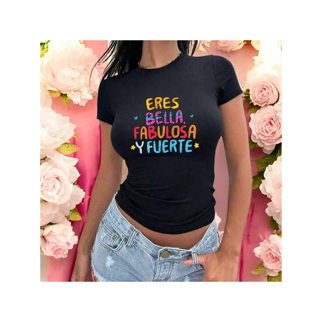 Playera Blusa Mujer con Frase Positiva Eres Bella Fabulosa y Fuerte Moda Casual Inspiradora Color Negro Talla Grande Marca Emil SaEs