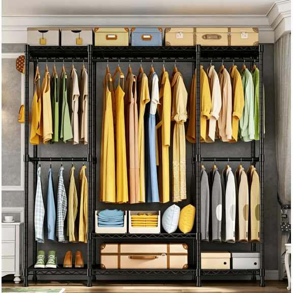 Portable Closet Wardrobe – Heavy-Duty Freestanding Clothes Rack with 4 Hanging Rods & 8 Shelves, Adjustable Clothing Organizer, 67.3" L x 14.6" W x 76.8" H, Max Load 850 lbs