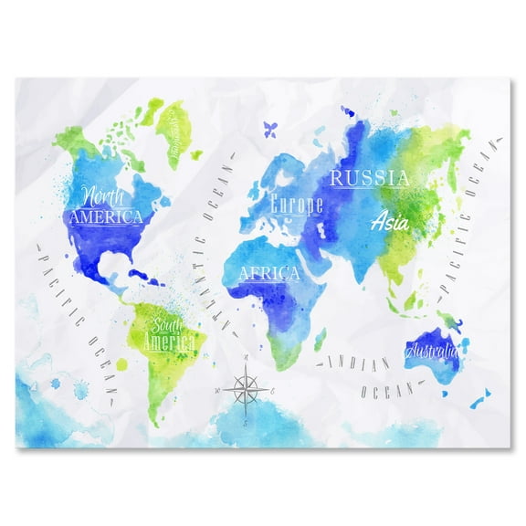 Designart ' World Map In Blue and Green ' Modern Canvas Wall Art Print
